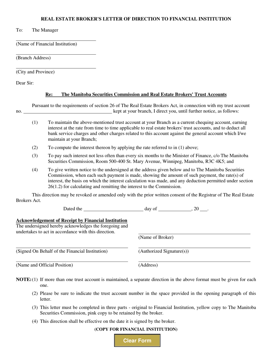 Real Estate Brokers Letter of Direction to Financial Institution - Manitoba, Canada, Page 1