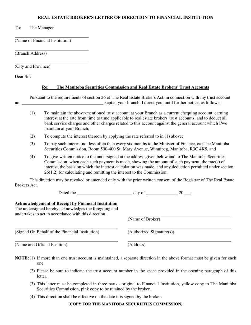 Real Estate Brokers Letter of Direction to Financial Institution - Manitoba, Canada, Page 2
