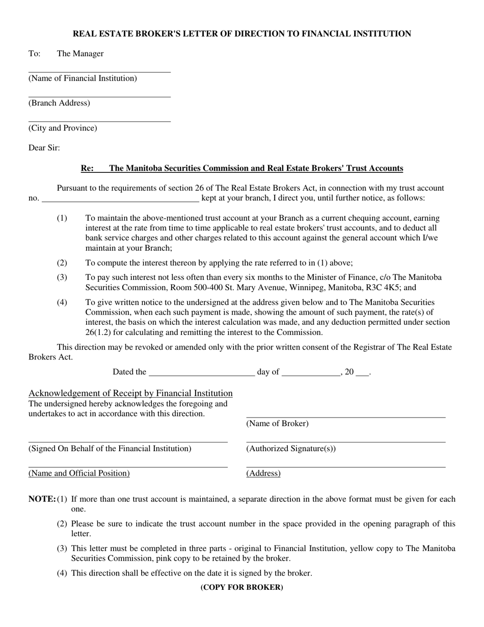 Real Estate Brokers Letter of Direction to Financial Institution - Manitoba, Canada, Page 3