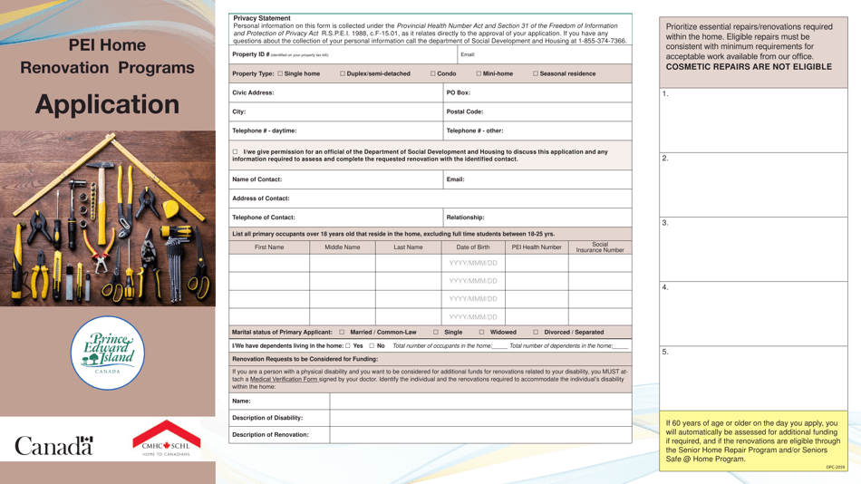 Form DPC-2059 Pei Home Renovation Programs Application - Prince Edward Island, Canada, Page 1