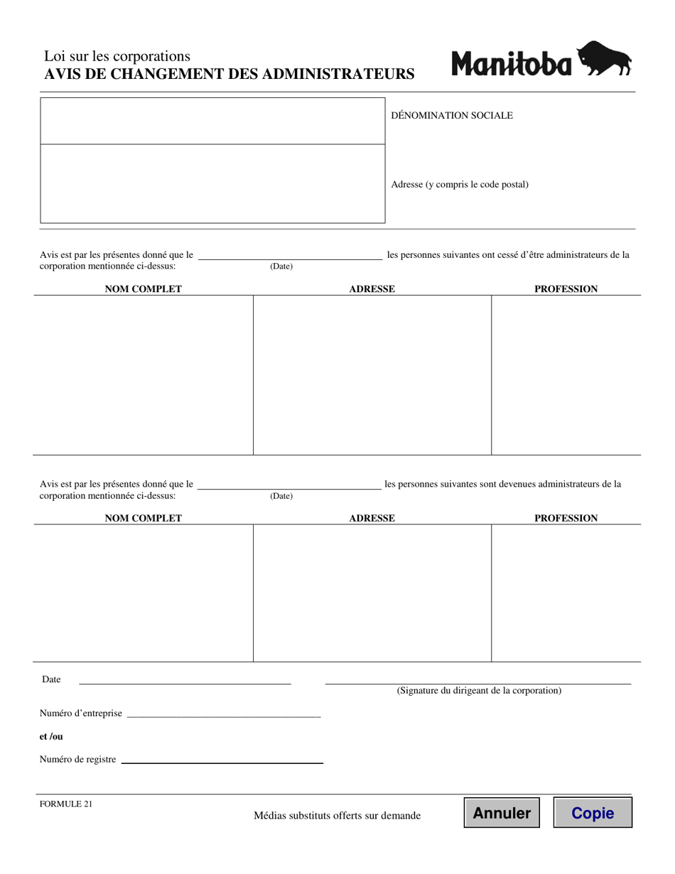 Forme 21 Avis De Changement DES Administrateurs - Manitoba, Canada (French), Page 1