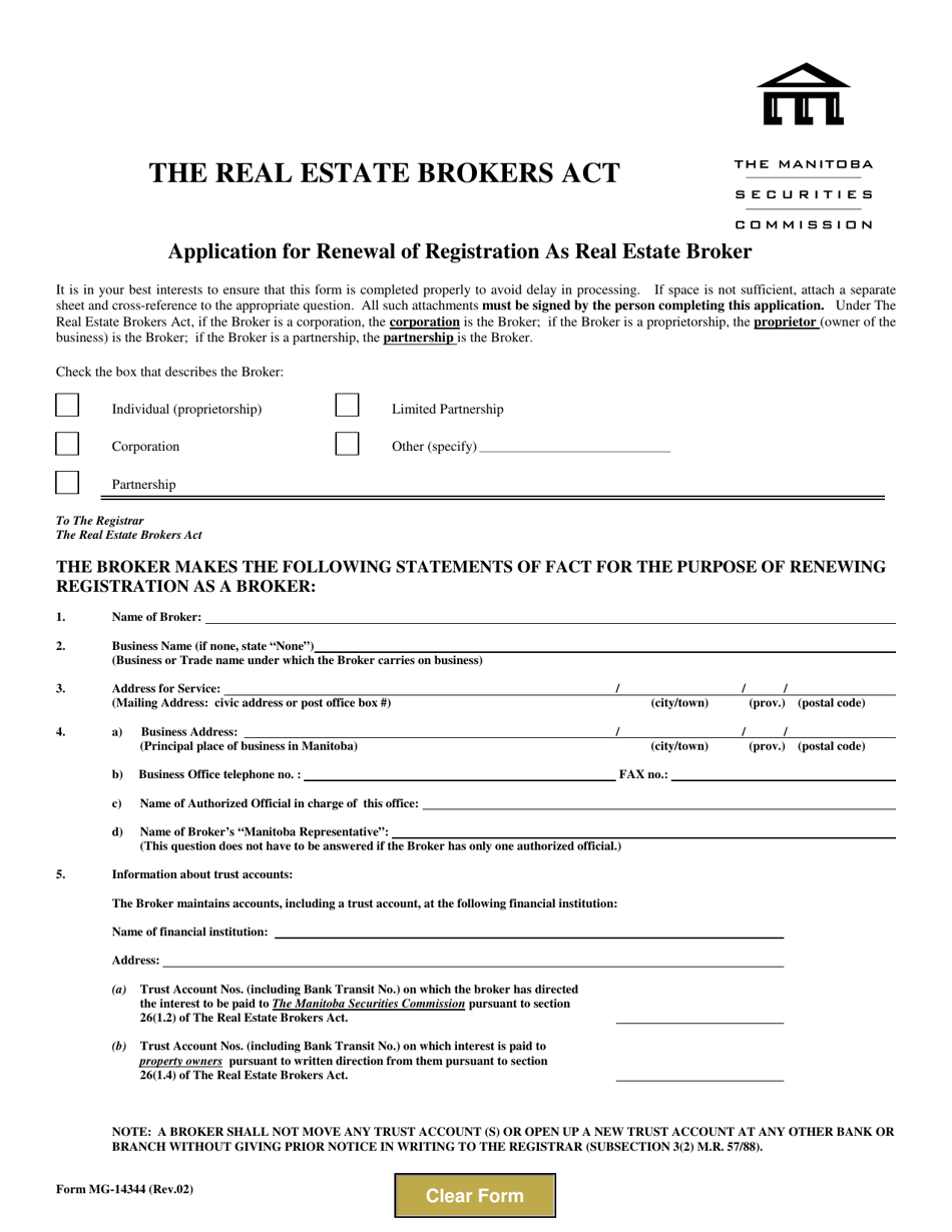 Form MG-14344 Application for Renewal of Registration as Real Estate Broker - Manitoba, Canada, Page 1
