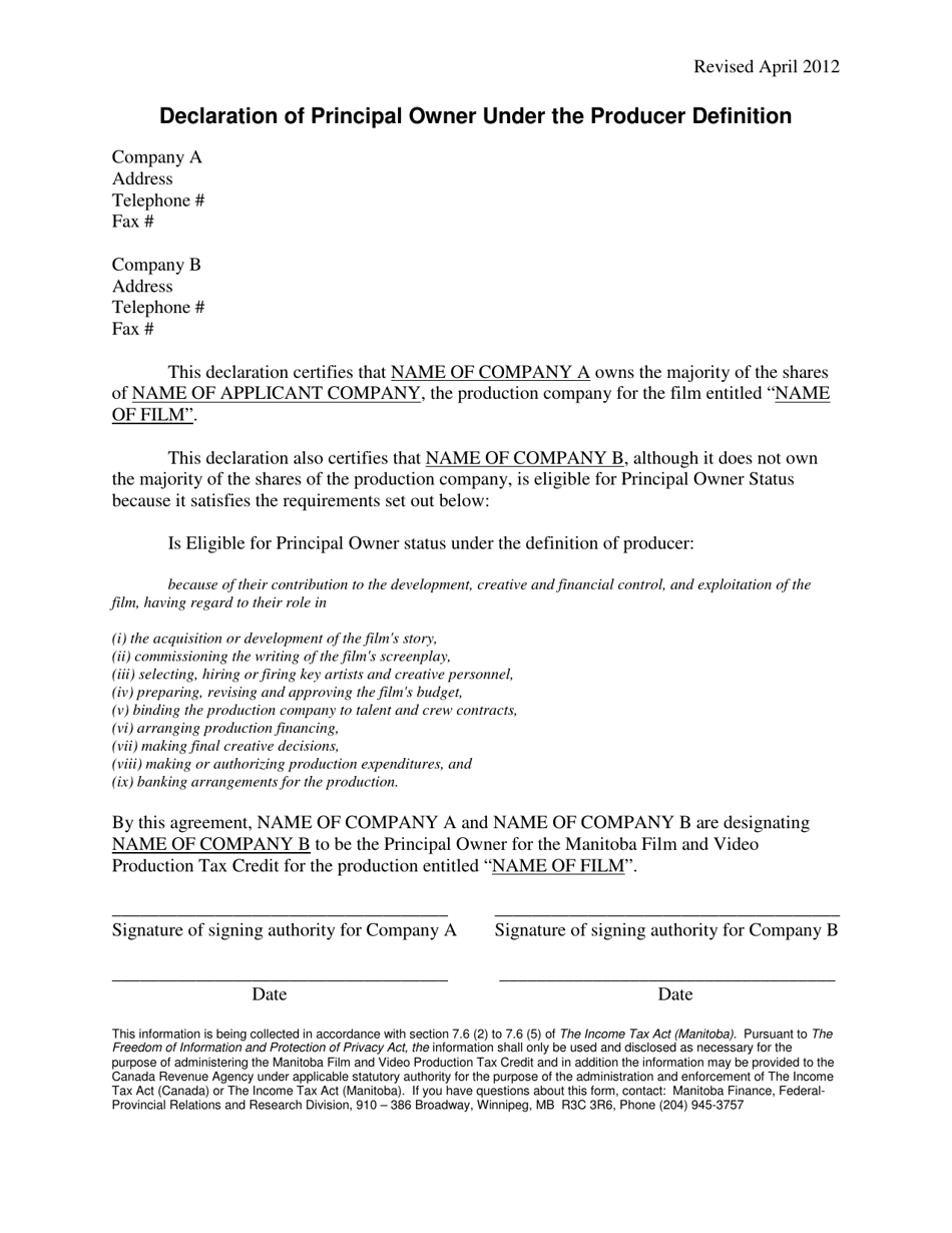 Declaration of Principal Owner Under the Producer Definition - Manitoba, Canada, Page 1