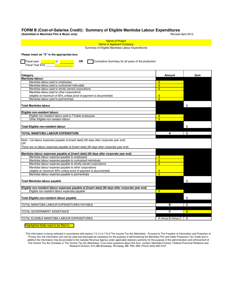 Form B Cost-Of-Salaries Credit - Summary of Eligible Manitoba Labour Expenditures - Manitoba, Canada, Page 1