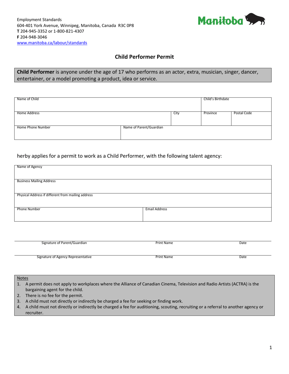 Child Performer Permit - Manitoba, Canada, Page 1