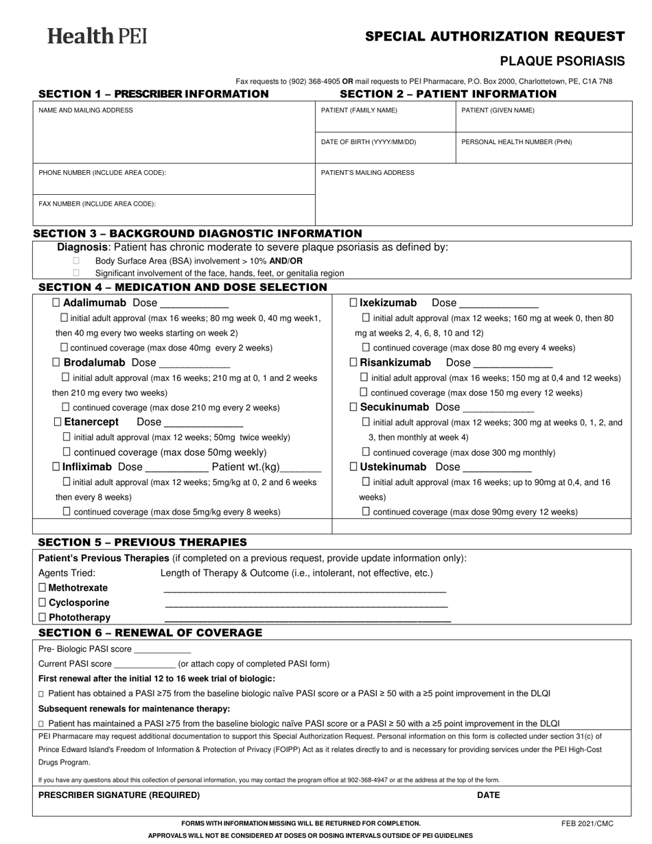 Plaque Psoriasis Special Authorization Request Form - Prince Edward Island, Canada, Page 1