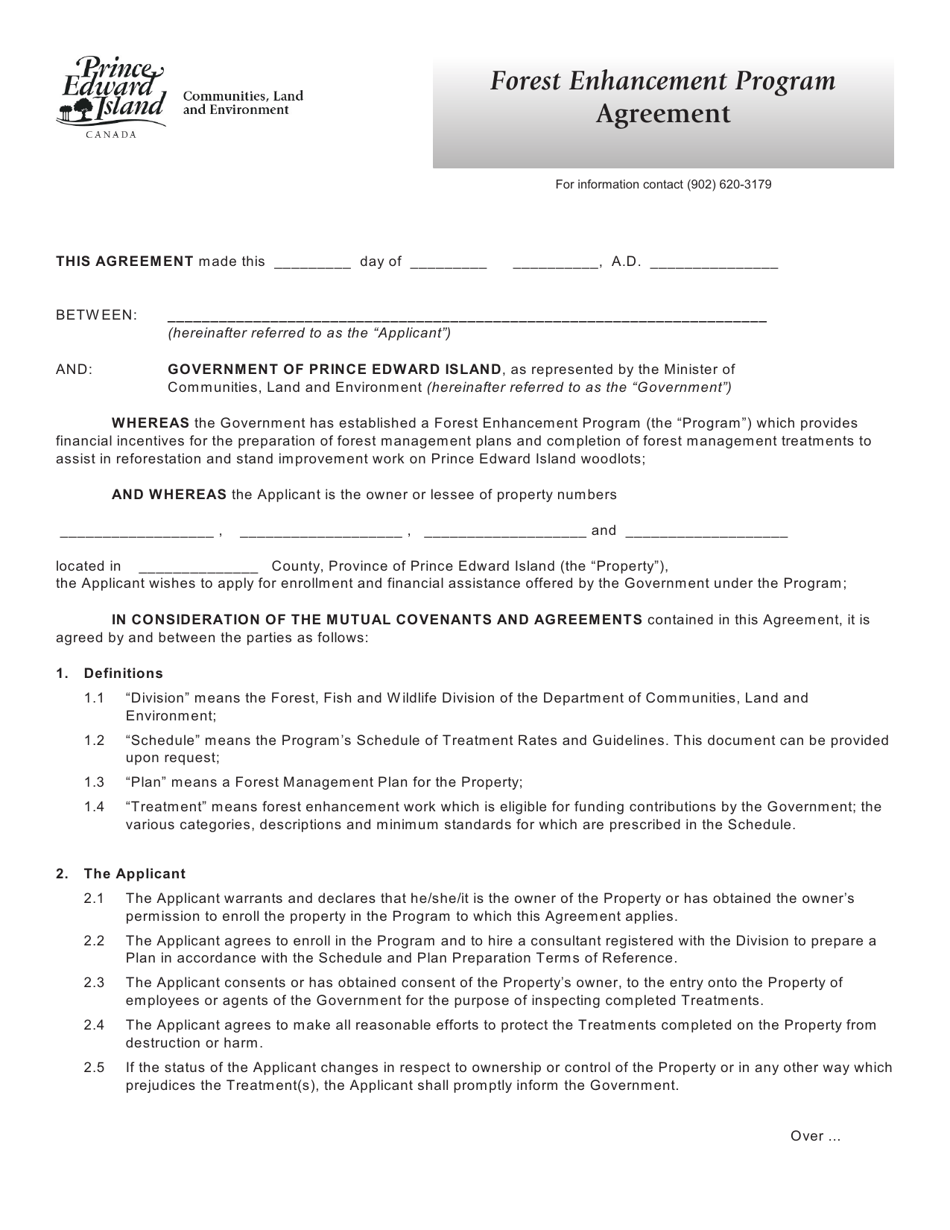 Forest Enhancement Program Agreement - Prince Edward Island, Canada, Page 1