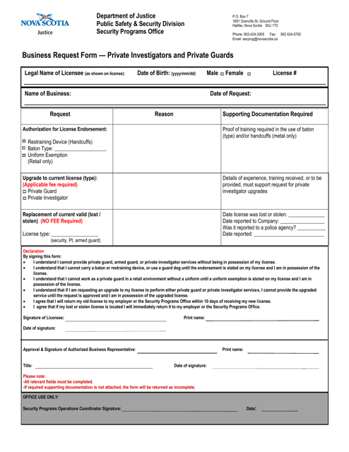 Business Request Form - Private Investigators and Private Guards - Nova Scotia, Canada