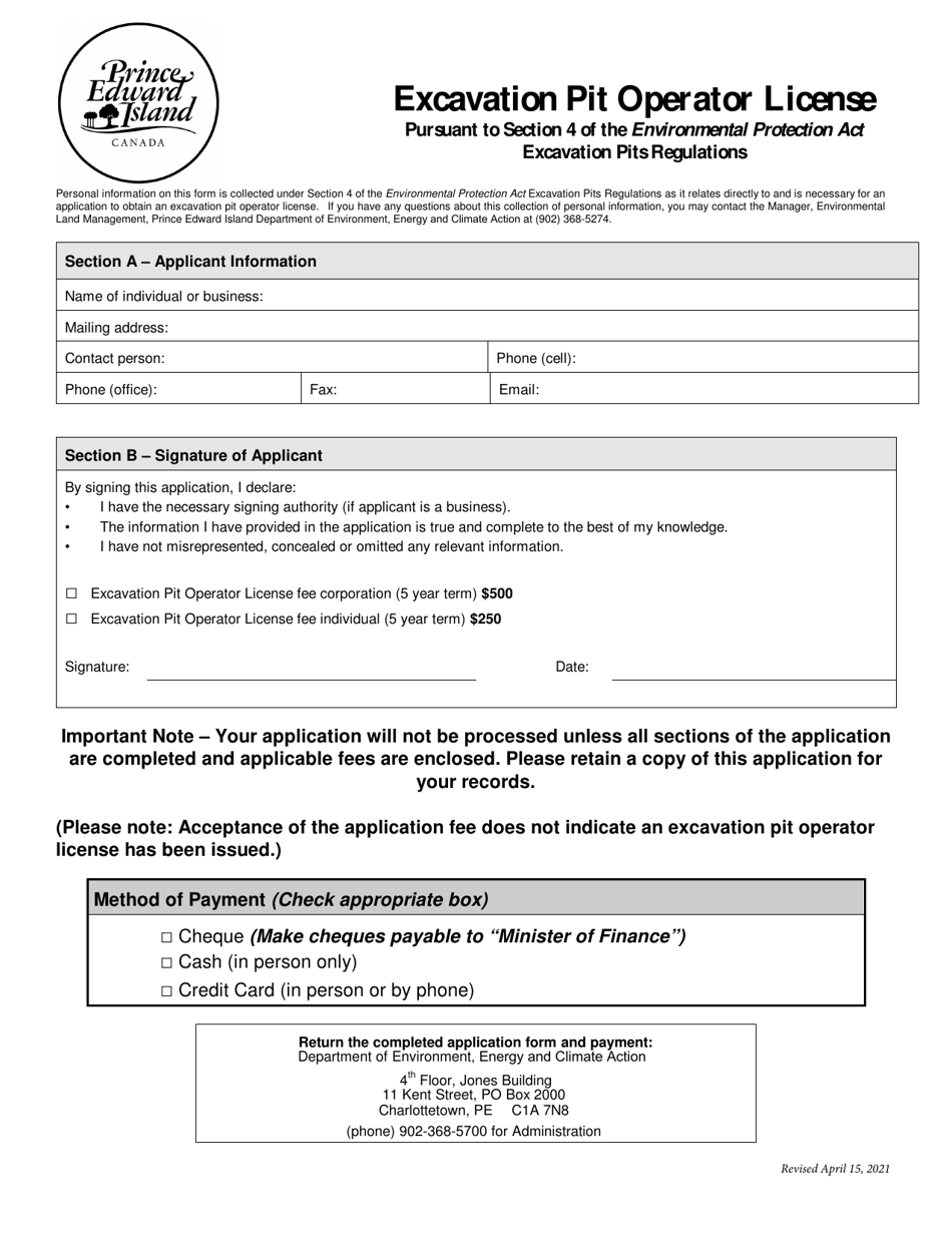 Excavation Pit Operator License - Prince Edward Island, Canada, Page 1