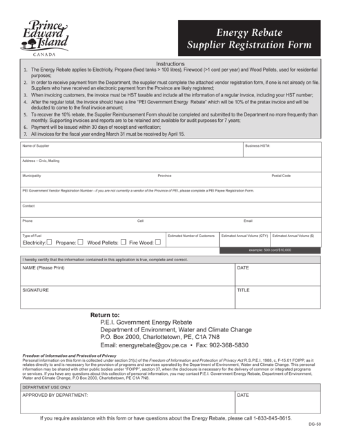 Form DG-50 Energy Rebate Supplier Registration Form - Prince Edward Island, Canada