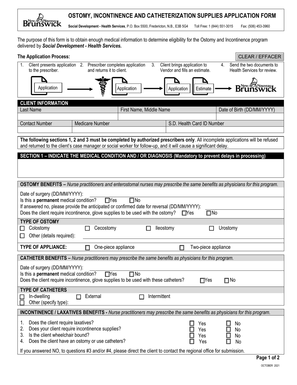 Ostomy, Incontinence and Catheterization Supplies Application Form - New Brunswick, Canada, Page 1