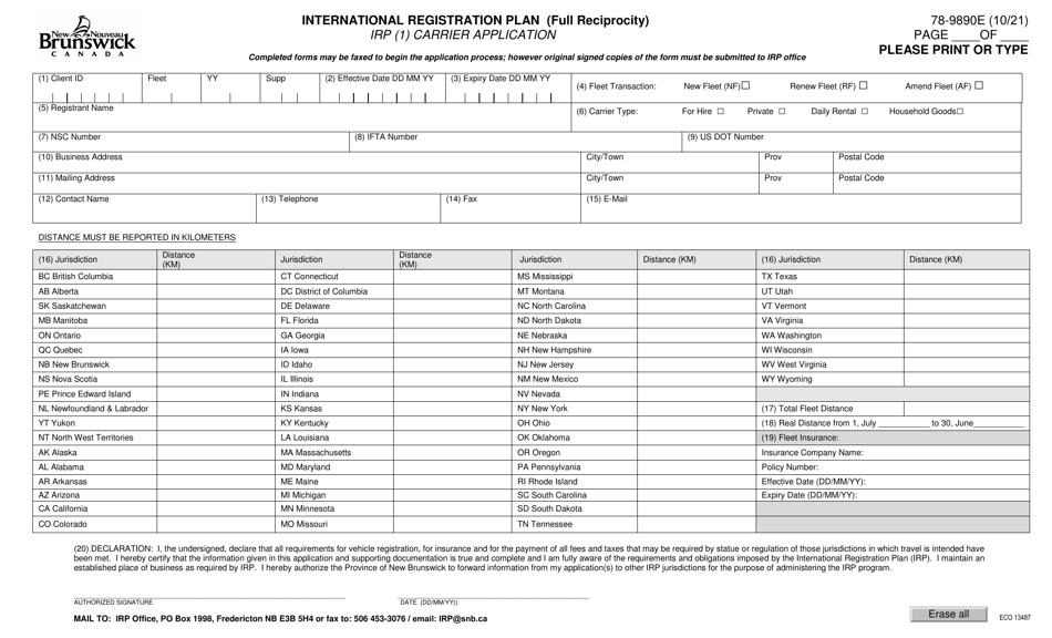 Form 78-9890E International Registration Plan - Carrier Application - New Brunswick, Canada, Page 1