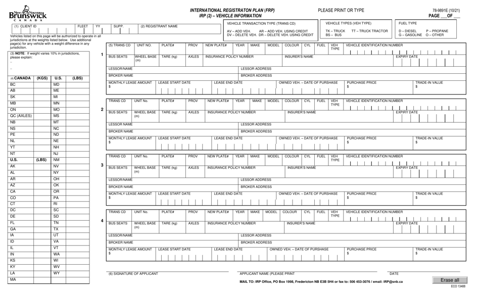 Form 78-9891E International Registraton Plan (Frp) Irp (2) - Vehicle Information - New Brunswick, Canada, Page 1