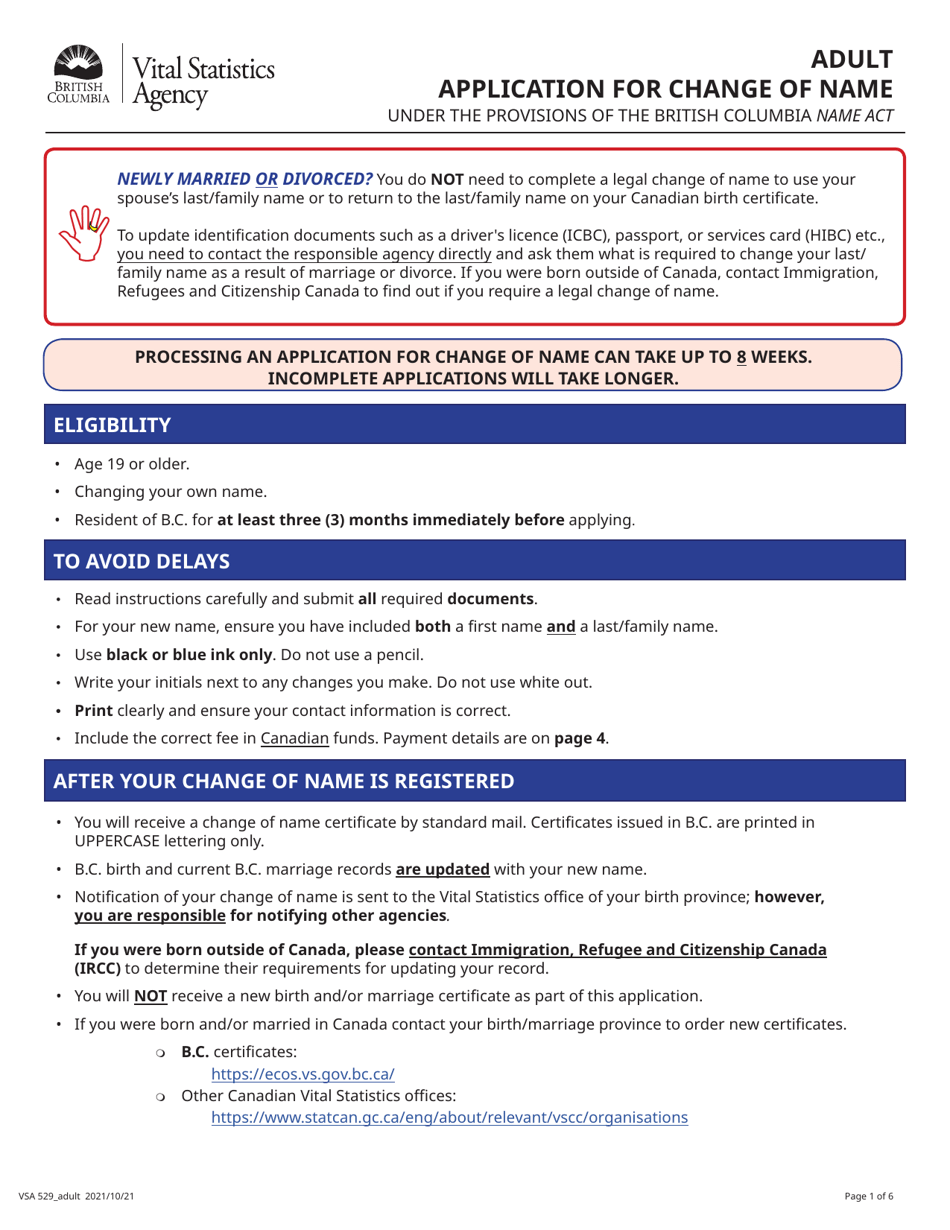 Form VSA529_ADULT Application for Change of Name - Adult - British Columbia, Canada, Page 1