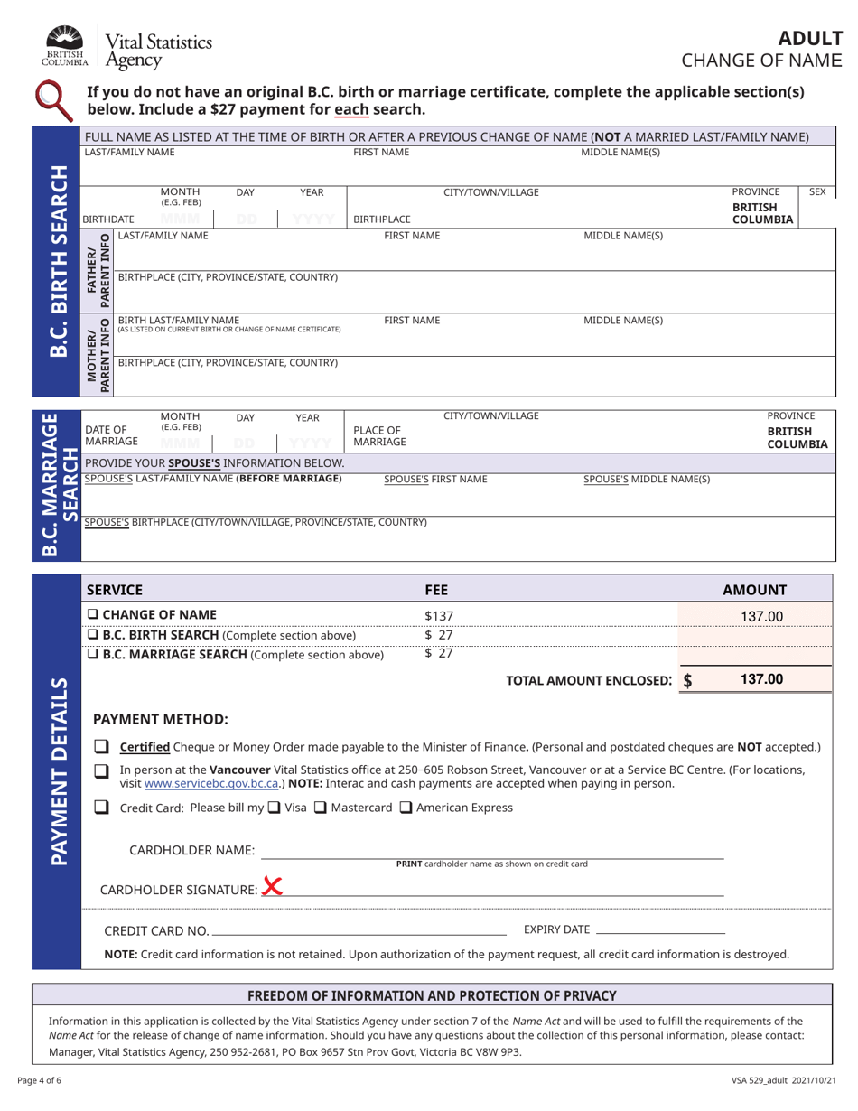 Form VSA529_ADULT Application for Change of Name - Adult - British Columbia, Canada, Page 4