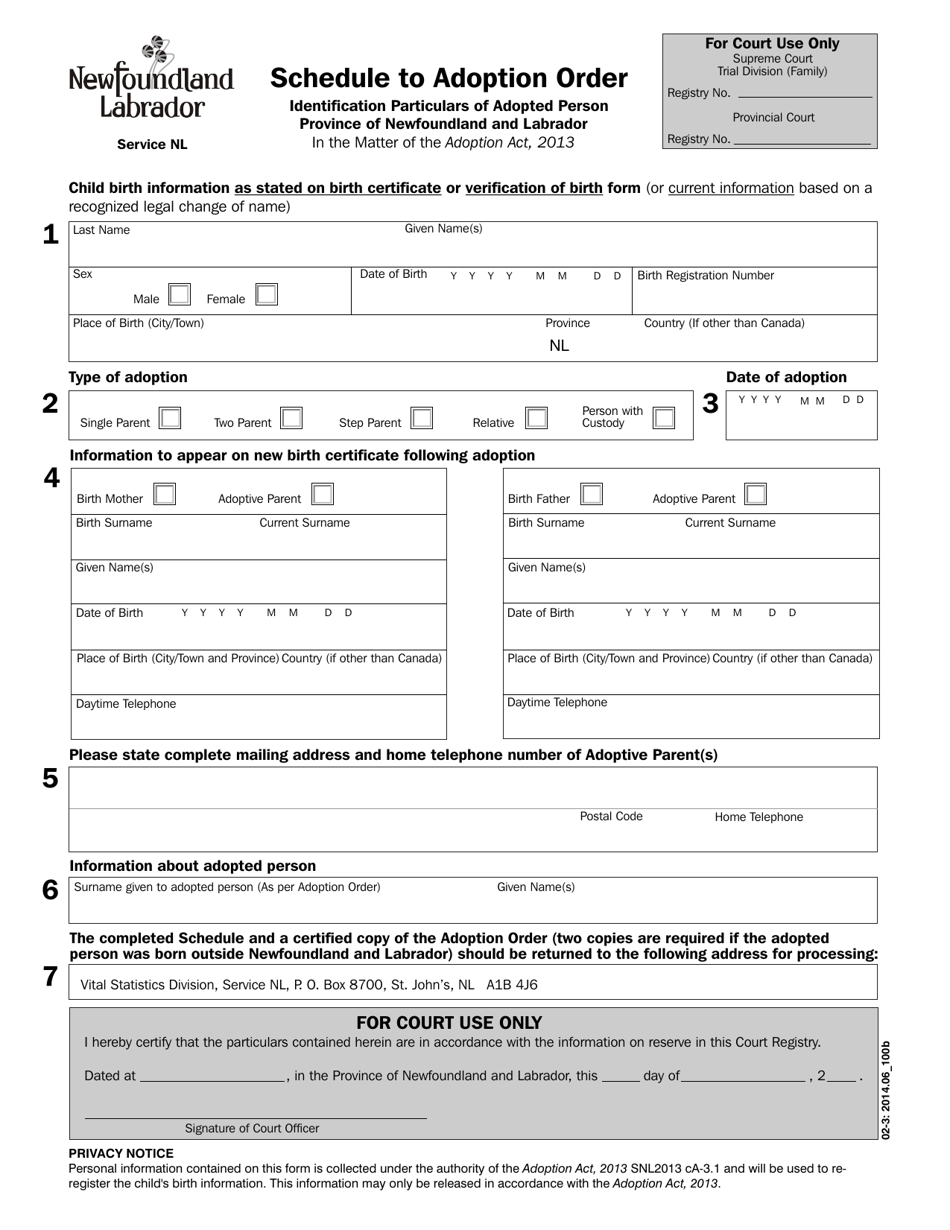 Schedule to Adoption Order - Identification Particulars of Adopted Person - Newfoundland and Labrador, Canada, Page 1