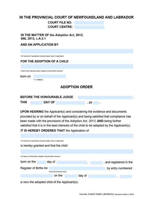 Form 51-08-07-14-642 P Adoption Order - Provincial Court - Newfoundland and Labrador, Canada