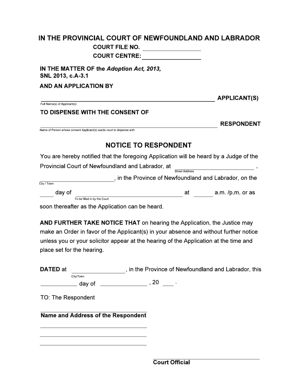 Form 51-08-07-14-624 P Notice to Respondent - Provincial Court - Newfoundland and Labrador, Canada, Page 1