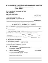 Document preview: Form 51-08-07-14-65 P Application to Dispense With Consent - Provincial Court - Newfoundland and Labrador, Canada