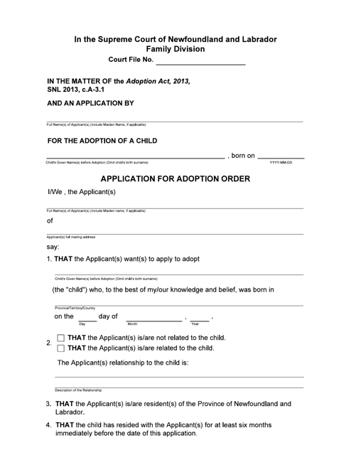 Form 51-08-07-14-699S Application for Adoption Order - Supreme Court - Newfoundland and Labrador, Canada