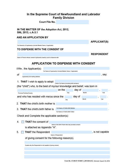 Form 51-08-07-14-600 S Application to Dispense With Consent - Supreme Court - Newfoundland and Labrador, Canada