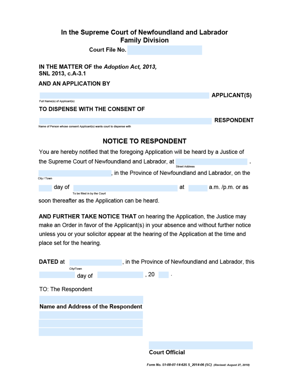 Form 51-08-07-14-625 S Notice to Respondent - Supreme Court - Newfoundland and Labrador, Canada, Page 1