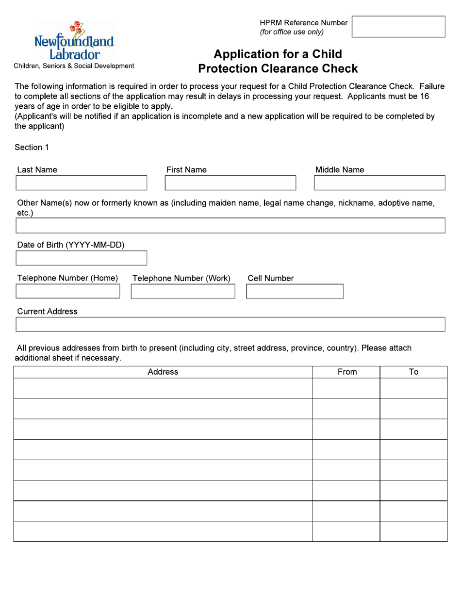 Form 51-08-07 Application for a Child Protection Clearance Check - Newfoundland and Labrador, Canada, Page 1