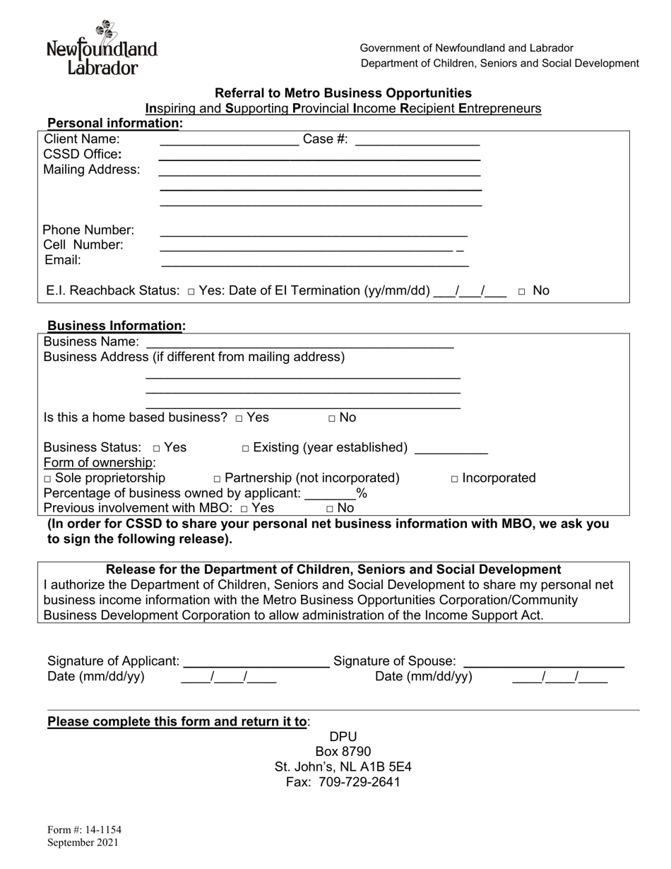 Form 14-1154 Referral to Metro Business Opportunities - Inspiring and Supporting Provincial Income Recipient Entrepreneurs - Newfoundland and Labrador, Canada, Page 1