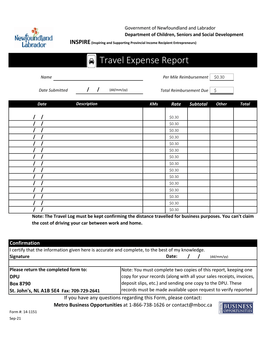 Form 14-1151 Business Income and Expenses Inspire Report - Newfoundland and Labrador, Canada, Page 2