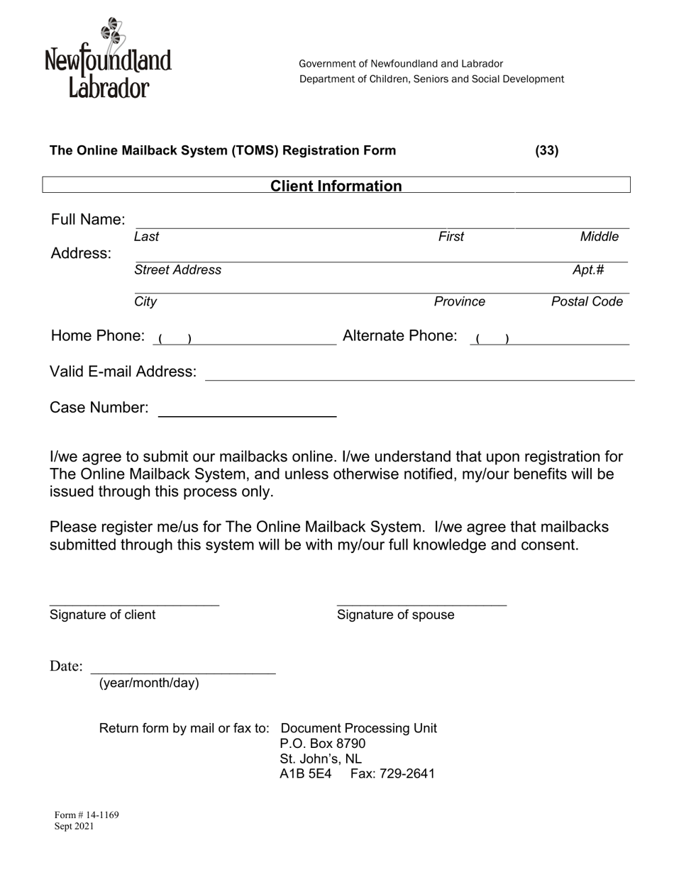 Form 14-1169 The Online Mailback System (Toms) Registration Form - Newfoundland and Labrador, Canada, Page 1