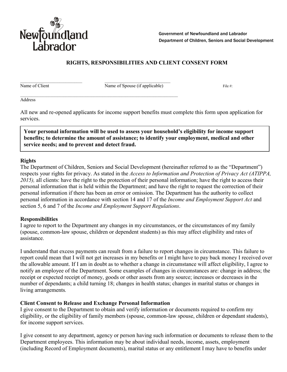 Form 14-1160 Rights, Responsibilities and Client Consent Form - Newfoundland and Labrador, Canada, Page 1