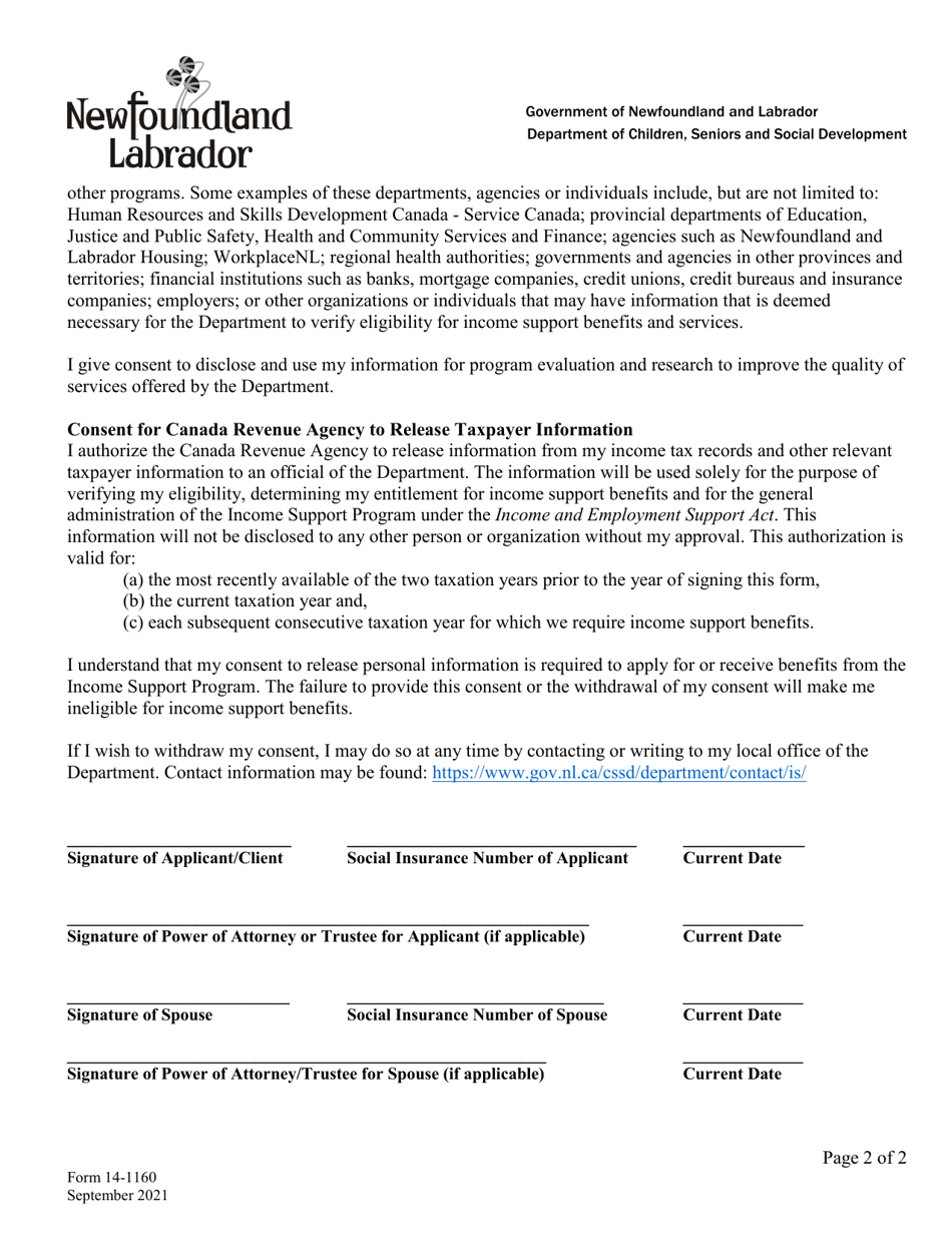 Form 14-1160 Rights, Responsibilities and Client Consent Form - Newfoundland and Labrador, Canada, Page 2