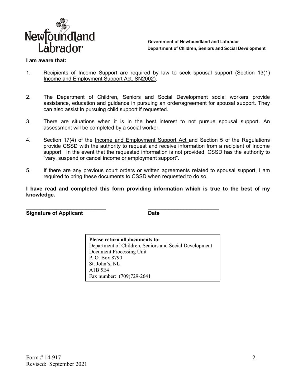 Form 14-917 Child / Spousal Support Referral - Newfoundland and Labrador, Canada, Page 2