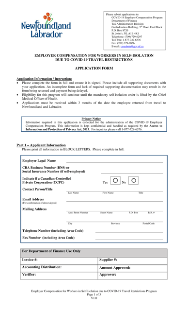 Employer Compensation for Workers in Self-isolation Due to Covid-19 Travel Restrictions Application Form - Newfoundland and Labrador, Canada