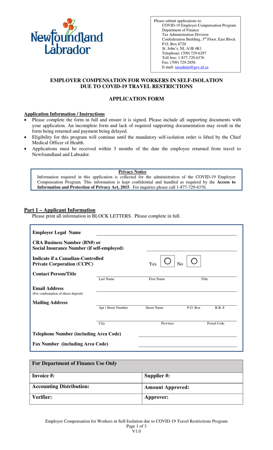 Employer Compensation for Workers in Self-isolation Due to Covid-19 Travel Restrictions Application Form - Newfoundland and Labrador, Canada, Page 1