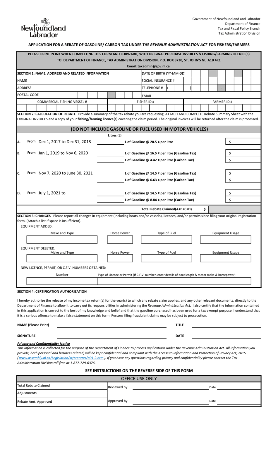 Application for a Rebate of Gasoline / Carbon Tax Under the Revenue Administration Act for Fishers / Farmers - Newfoundland and Labrador, Canada, Page 1