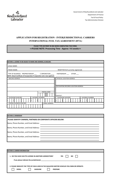 Application for Registration - Interjurisdictional Carriers - International Fuel Tax Agreement (Ifta) - Newfoundland and Labrador, Canada Download Pdf