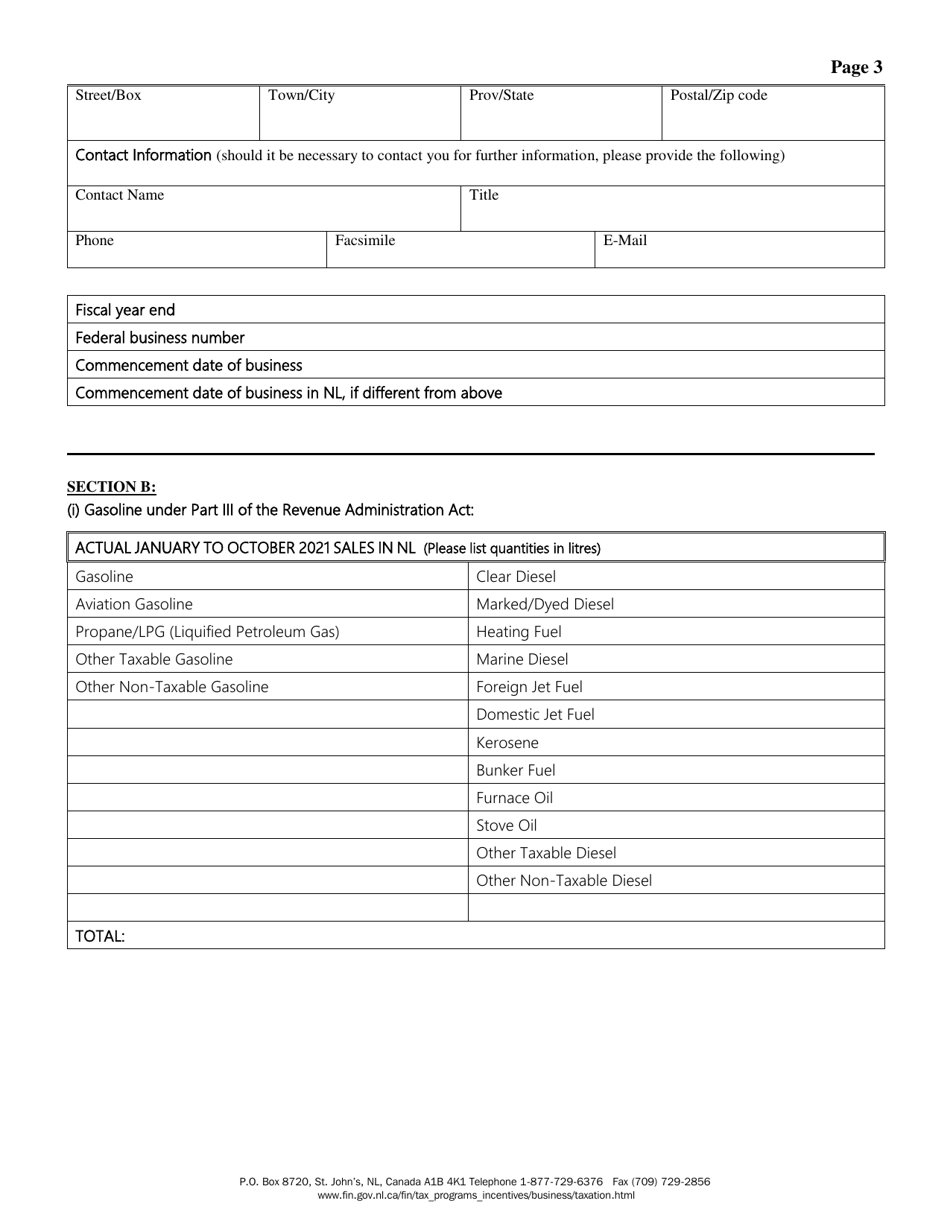 Registration Information for Applicants of a Gasoline and Carbon Products Wholesaler Licence Under the Revenue Administration Act - Newfoundland and Labrador, Canada, Page 3
