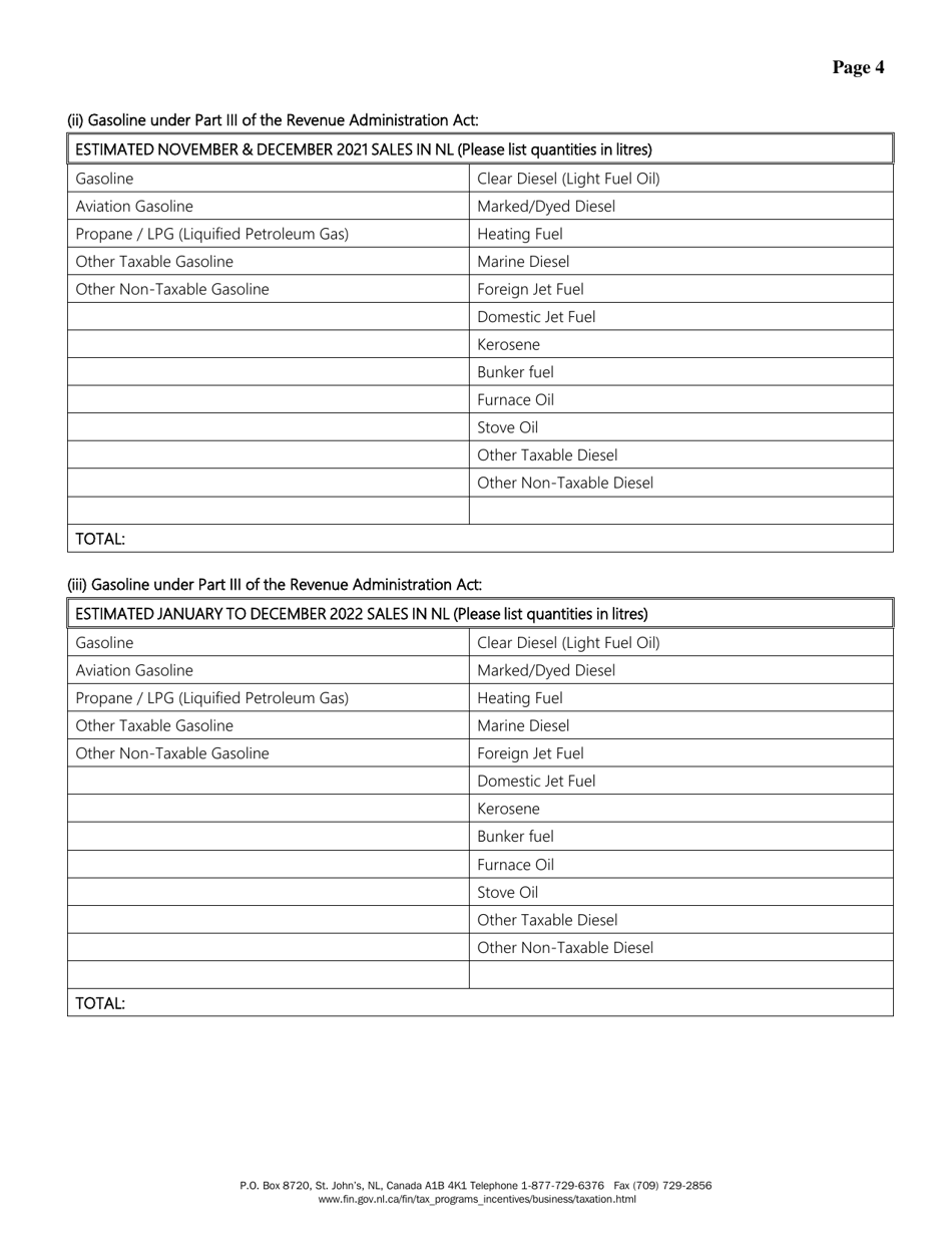 Registration Information for Applicants of a Gasoline and Carbon Products Wholesaler Licence Under the Revenue Administration Act - Newfoundland and Labrador, Canada, Page 4