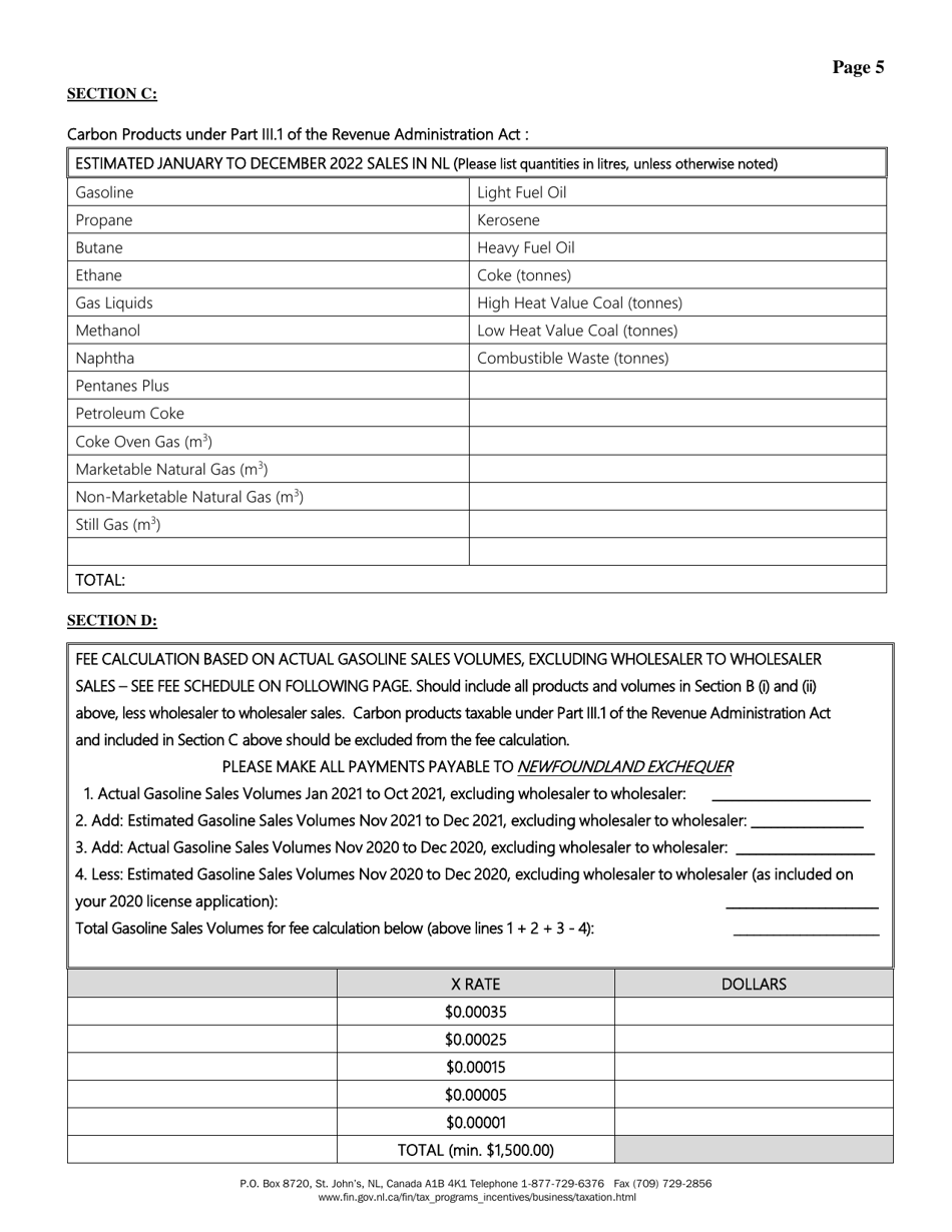 Registration Information for Applicants of a Gasoline and Carbon Products Wholesaler Licence Under the Revenue Administration Act - Newfoundland and Labrador, Canada, Page 5