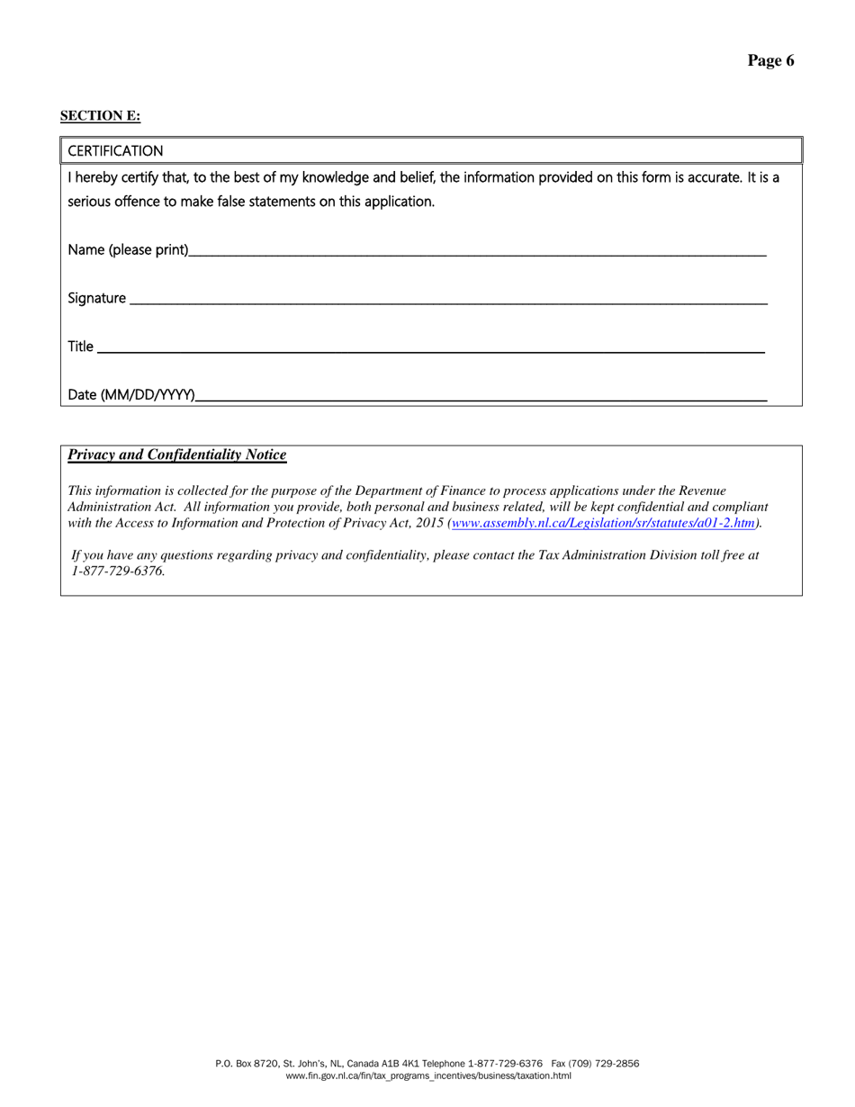 Registration Information for Applicants of a Gasoline and Carbon Products Wholesaler Licence Under the Revenue Administration Act - Newfoundland and Labrador, Canada, Page 6
