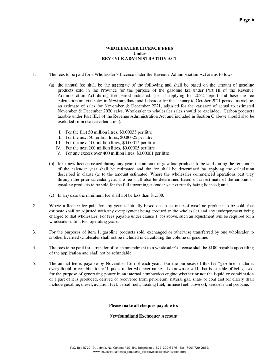 Registration Information for Applicants of a Gasoline and Carbon Products Wholesaler Licence Under the Revenue Administration Act - Newfoundland and Labrador, Canada, Page 7