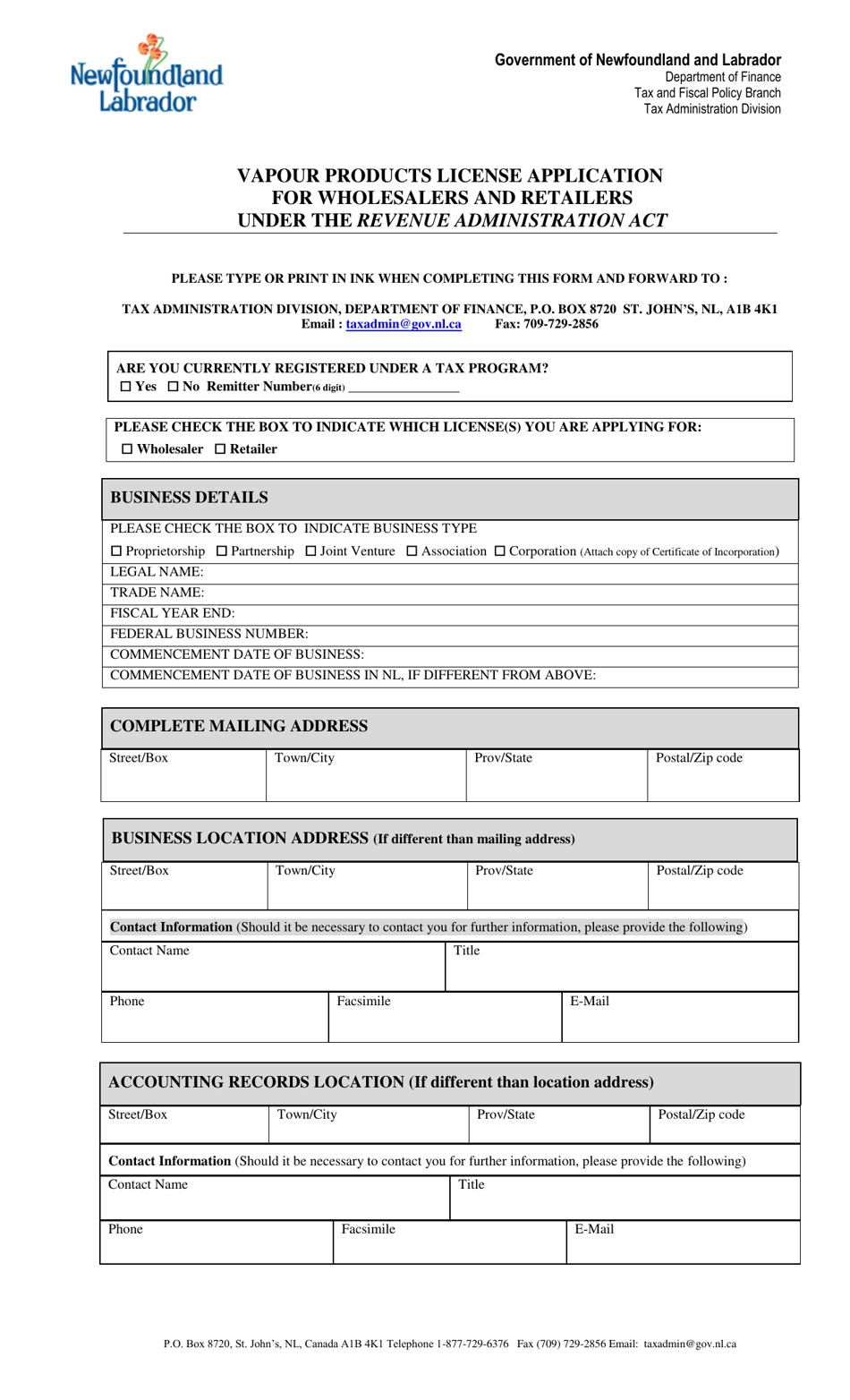 Vapour Products License Application for Wholesalers and Retailers Under the Revenue Administration Act - Newfoundland and Labrador, Canada, Page 1