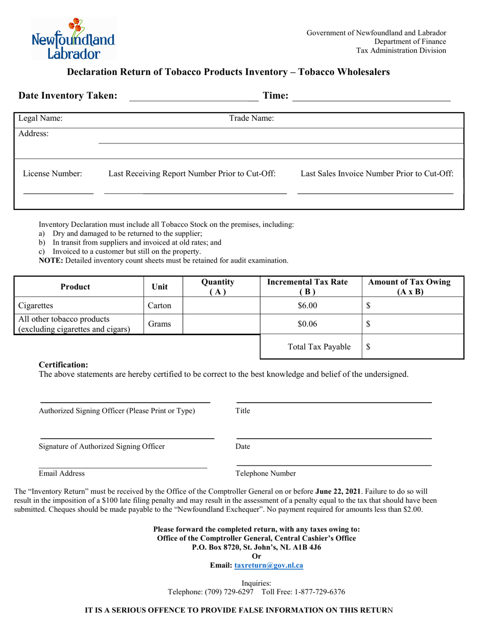 Newfoundland and Labrador Canada Declaration Return of Tobacco Products