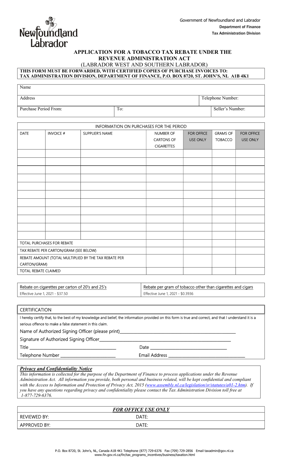 Newfoundland and Labrador Canada Application for a Tobacco Tax Rebate