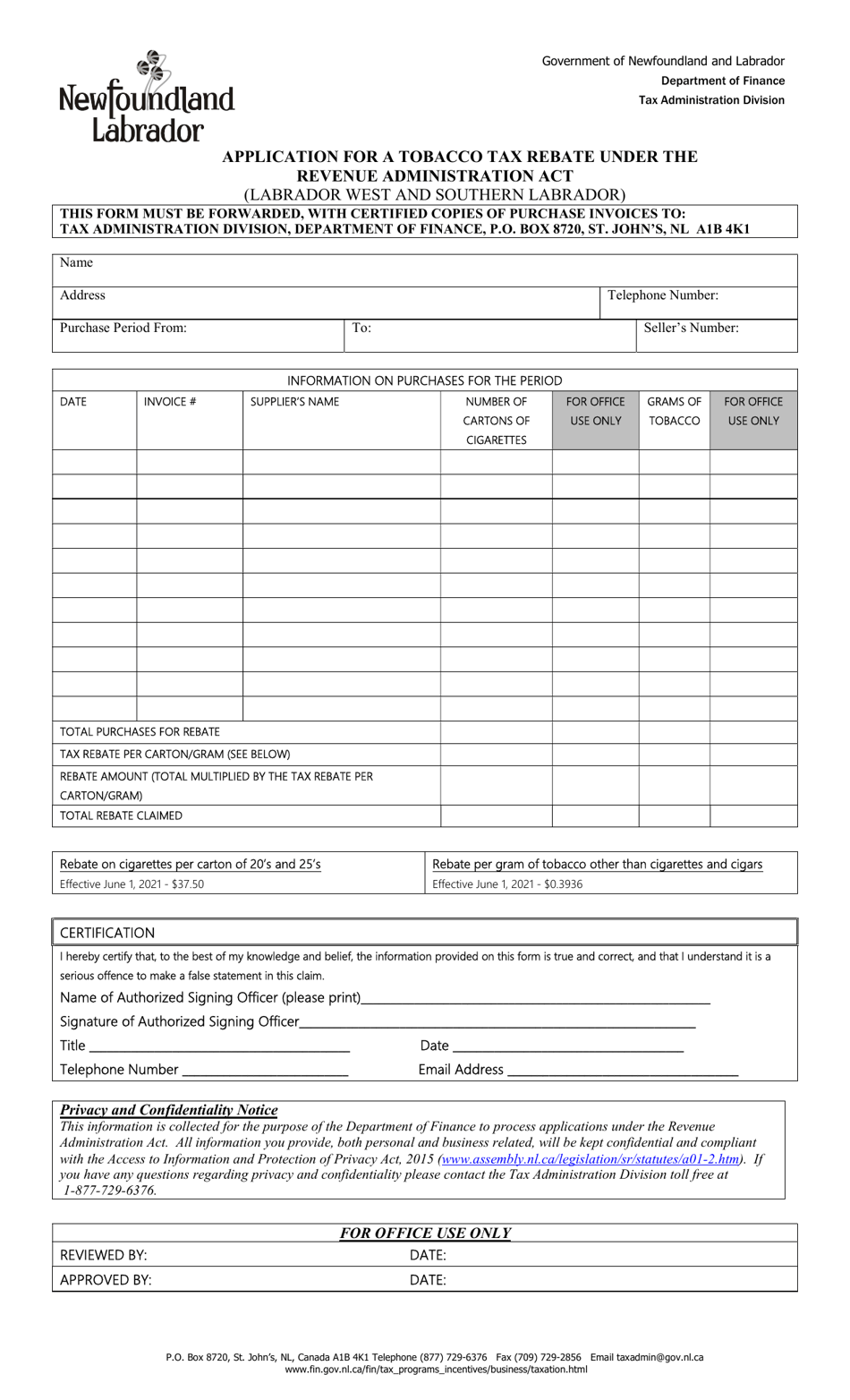 Application for a Tobacco Tax Rebate Under the Revenue Administration Act - Newfoundland and Labrador, Canada, Page 1