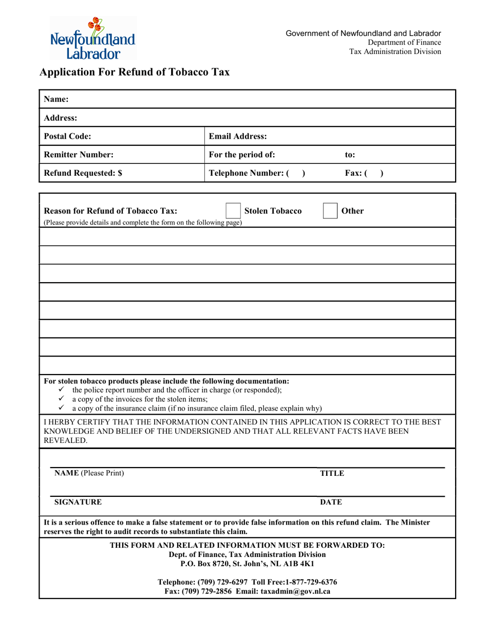 Application for Refund of Tobacco Tax - Newfoundland and Labrador, Canada, Page 1