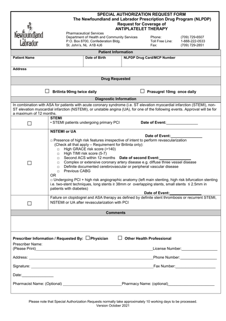 Special Authorization Request Form - Request for Coverage of Antiplatelet Therapy - Newfoundland and Labrador, Canada Download Pdf