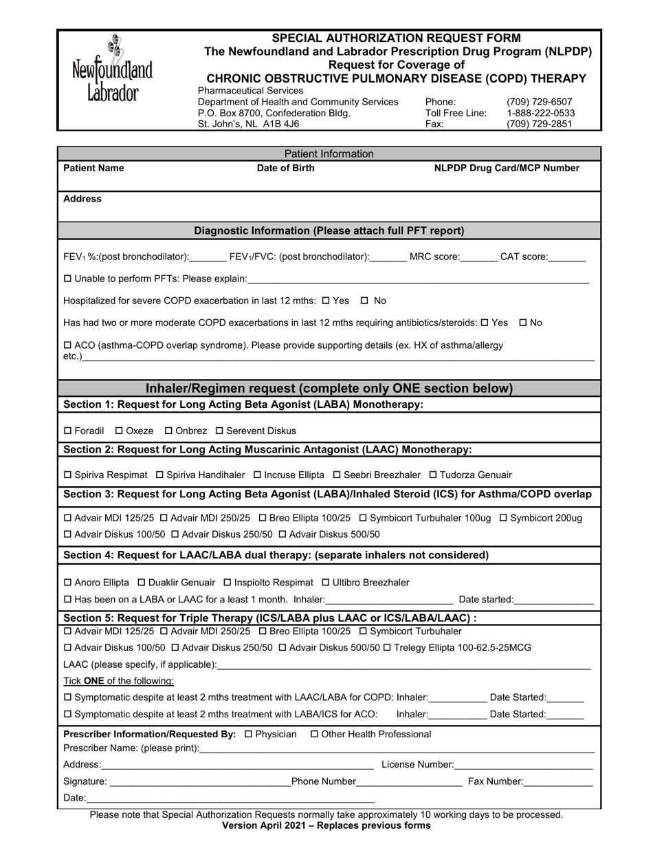 Newfoundland and Labrador Canada Special Authorization Request Form -  Request for Coverage of Chronic Obstructive Pulmonary Disease (Copd)  Therapy Download Printable PDF | Templateroller