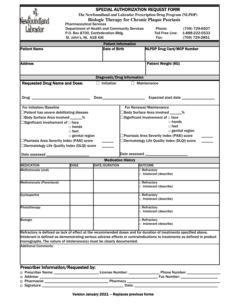Special Authorization Request Form - Biologic Therapy for Chronic Plaque Psoriasis - Newfoundland and Labrador, Canada, Page 1